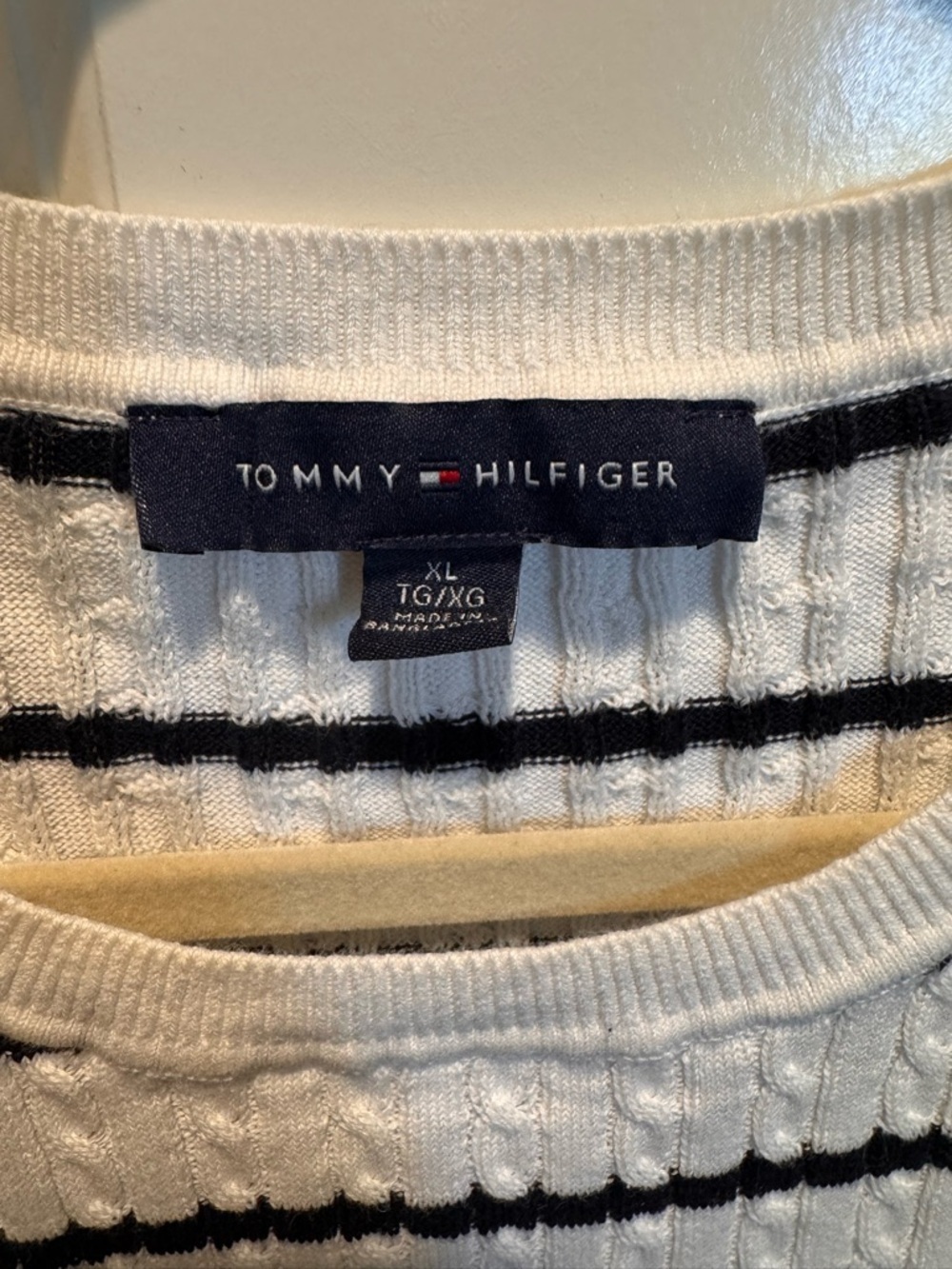Tommy Hilfiger White Cable Knit Tee with Black Stripes and Logo - Picture 3 of 3